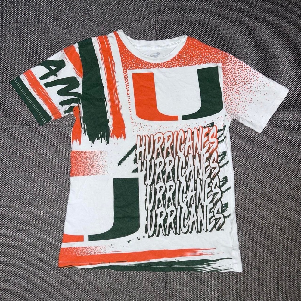 Miami Hurricanes Green/Orange All Over Print NCAA T Shirt Size Medium 10-12